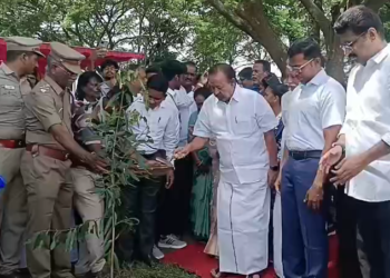 பசுமை தமிழ்நாடு இயக்கத்தினத்தை முன்னிட்டு விழுப்புரம் அருகே உள்ள தனியார் கல்லூரியில் முன்னாள் அமைச்சர் பொன்முடி மற்றும் மாவட்ட ஆட்சியர் மரக்கன்றுகளை நடவுசெய்தார்