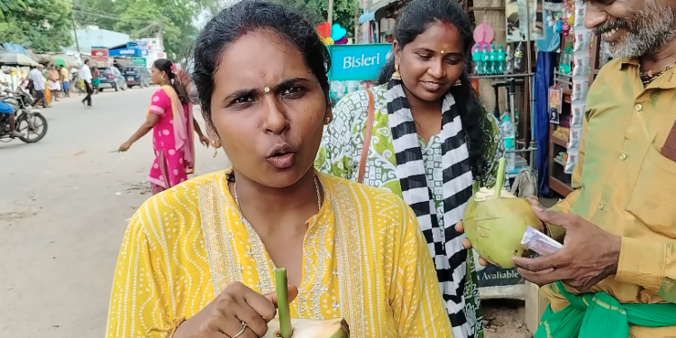 இளநீர் வியாபாரி இளநீர் அருந்த பிளாஸ்டிக் ஸ்டிராவிற்கு பதிலாக பப்பாளி தண்டை குழலாக கொடுத்துவருவது வரவேற்பை பெற்றுள்ளது