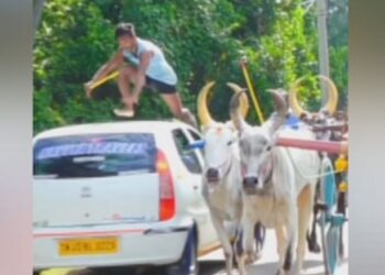 சினிமா காட்சியைப்போல் காரை தாண்டிய இளைஞர்!