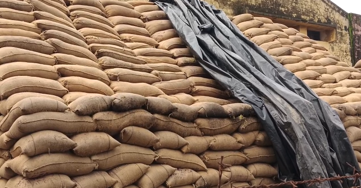 சித்தர்காடு அரசு சேமிப்புக் கிடங்கில் விவசாயிகளிடமிருந்து கொள்முதல் செய்யப்பட்டு மழையில் நனைந்து சேதம்