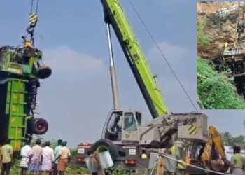 ஒட்டன்சத்திரம் அருகே கிணற்றுக்குள் பாய்ந்த டிப்பர் லாரி