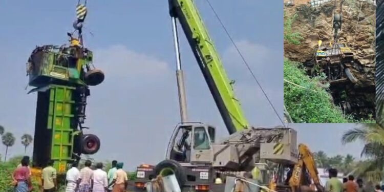 ஒட்டன்சத்திரம் அருகே கிணற்றுக்குள் பாய்ந்த டிப்பர் லாரி
