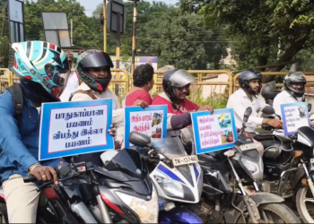 புழல் பகுதி மாதவரம் போக்குவரத்து காவல்துறையினர் சார்பில் தலைக்கவசம் அணிவதில் அவசியம் குறித்த விழிப்புணர்வு