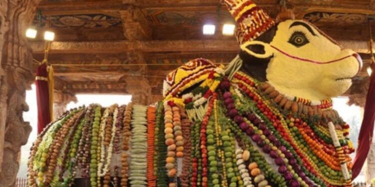 தஞ்சை பெரிய கோவில்: 2 டன் காய்கறிகள், பழங்களால் நந்தியெம்பெருமானுக்கு ராஜ அலங்காரம்