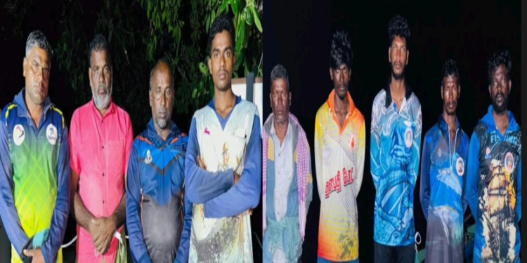 கோடியக்கரையில் மீன் பிடிக்க சென்ற மயிலாடுதுறை மாவட்டம் மற்றும் நாகப்பட்டினத்தைச் சேர்ந்த 9 மீனவர்கள் கைது