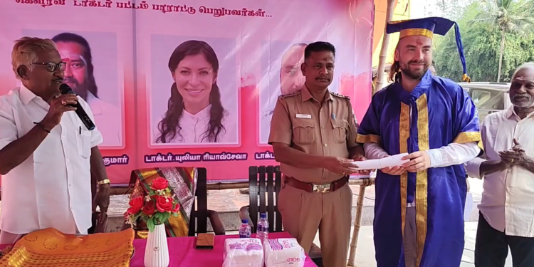 சித்தமருத்துவம் & யோகா பயிற்சியில் தேர்ச்சி பெற்ற வெளிநாட்டவர்களுக்கு பெருஞ்சேரி 56அடி உயர லிங்கம் சித்தர்பீடத்தில் மக்கள் வரவேற்பு