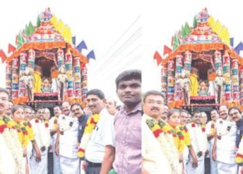 அரோகரா முழக்கத்துடன் கல்யாண சுப்பிரமணிய சுவாமி திருத்தேரை வடம் பிடித்து இழுத்த திமுக நிர்வாகிகள்!