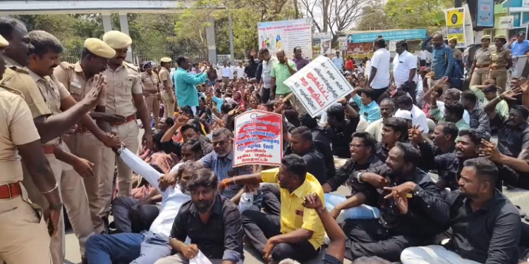 திருவள்ளூரில் கொளுத்தும் வெயிலையும் பொருட்படுத்தாமல் 9-அம்ச கோரிக்கைகளை வலியுறுத்தி சாலை மறியல்