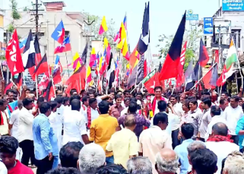 மன்னார்குடியில் அமைச்சர் டி.ஆர்.பி ராஜா பேரணியாக சென்று வேட்புமனு தாக்கல்