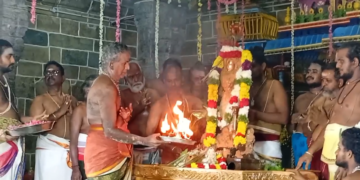 திருவாரூர் தியாகராஜர் ஆலய வண்ண மின் விளக்குகளால் அலங்கரிக்கப்பட்ட தெப்ப வெள்ளோட்டம்
