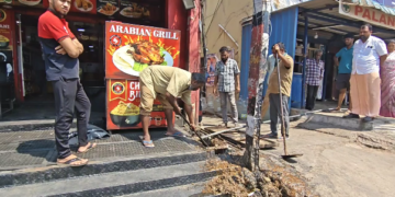 மழைநீர் கால்வாயில் கழிவு நீரை விட்ட தனியார் உணவகத்திற்கு ஆவடி மாநகராட்சி சுகாதாரத் துறை அதிகாரிகள் 5000 ரூபாய் அபராதம்
